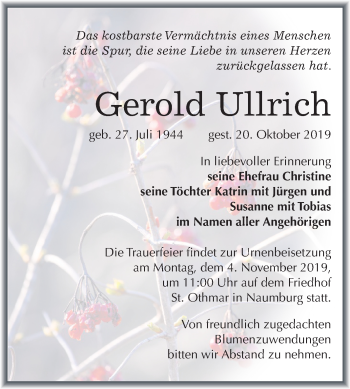 Traueranzeige von Gerold Ullrich von Mitteldeutsche Zeitung Naumburg/Nebra