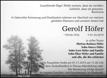 Traueranzeige von Gerolf Höfer von Super Sonntag Dessau-Roßlau