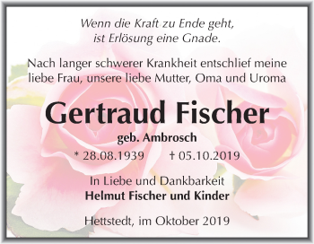 Traueranzeige von Gertraud Fischer von Mitteldeutsche Zeitung Mansfelder Land