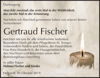 Traueranzeige von Gertraud Fischer von Wochenspiegel Mansfelder Land