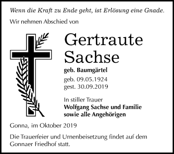 Traueranzeige von Gertraute Sachse von Super Sonntag Sangerhausen