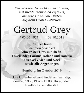 Traueranzeige von Gertrud Grey von Mitteldeutsche Zeitung Bernburg