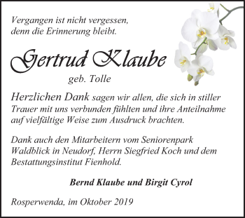 Traueranzeige von Gertrud Klaube von Mitteldeutsche Zeitung Sangerhausen