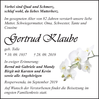 Traueranzeige von Gertrud Klaube von Mitteldeutsche Zeitung Sangerhausen
