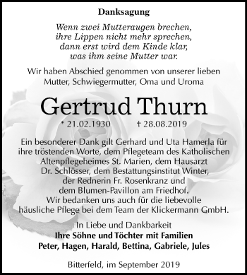 Traueranzeige von Gertrud Thurn von Wochenspiegel Bitterfeld