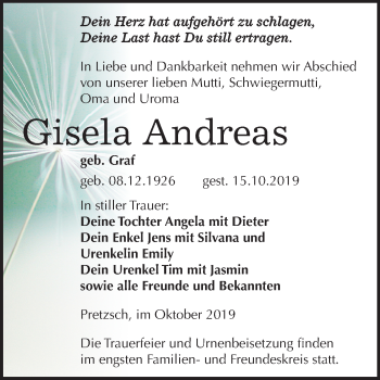 Traueranzeige von Gisela Andreas von Mitteldeutsche Zeitung Wittenberg
