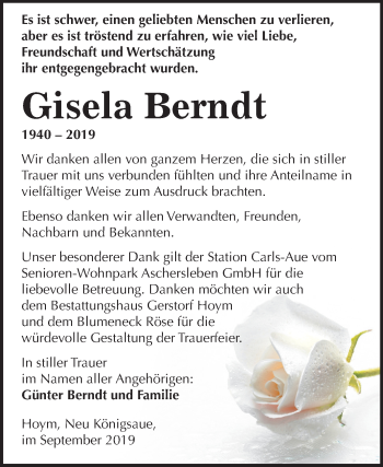 Traueranzeige von Gisela Berndt von Super Sonntag Aschersleben