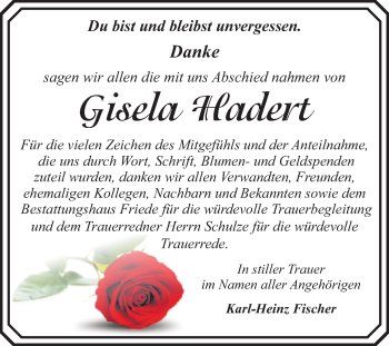 Traueranzeige von Gisela Hadert von Super Sonntag Dessau-Roßlau