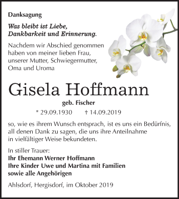 Traueranzeige von Gisela Hoffmann von Mitteldeutsche Zeitung Mansfelder Land