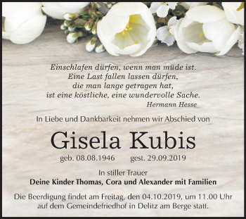 Traueranzeige von Gisela Kubis von Mitteldeutsche Zeitung Merseburg/Querfurt