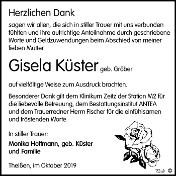 Traueranzeige von Gisela Küster von Super Sonntag Zeitz