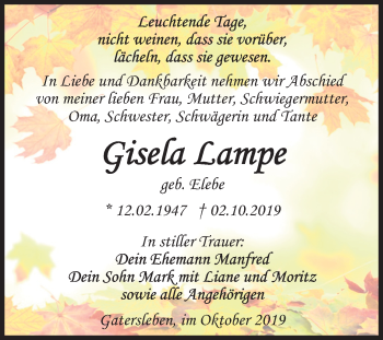 Traueranzeige von Gisela Lampe von Wochenspiegel Aschersleben