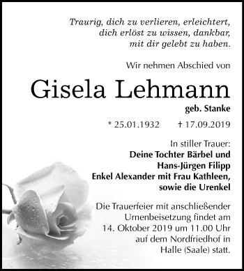 Traueranzeige von Gisela Lehmann von Mitteldeutsche Zeitung Halle/Saalkreis