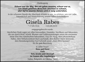Traueranzeige von Gisela Rabes von Wochenspiegel Naumburg/Nebra