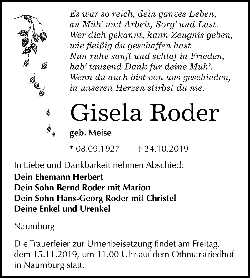  Traueranzeige für Gisela Roder vom 30.10.2019 aus Wochenspiegel Naumburg/Nebra