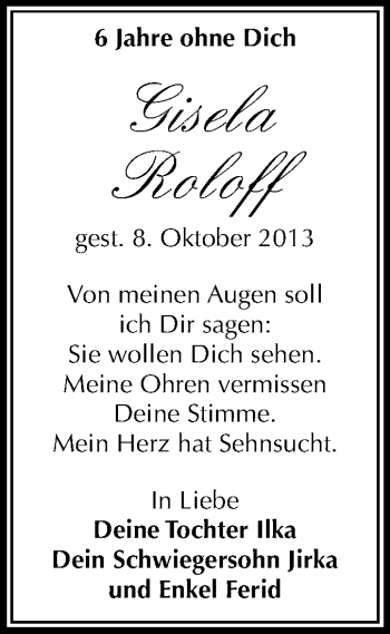 Traueranzeige von Gisela Roloff von Super Sonntag Merseburg/Querfurt
