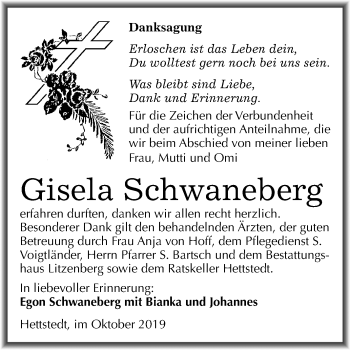 Traueranzeige von Gisela Schwaneberg von Mitteldeutsche Zeitung Mansfelder Land