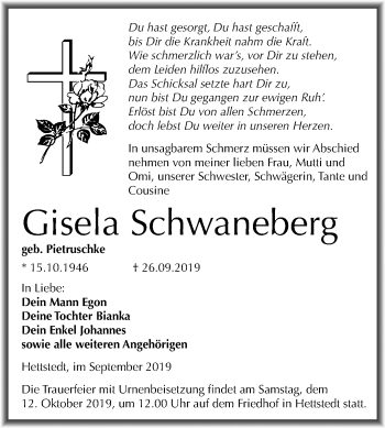 Traueranzeige von Gisela Schwaneberg von Mitteldeutsche Zeitung Mansfelder Land
