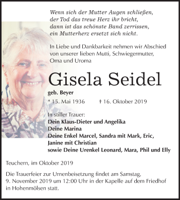 Traueranzeige von Gisela Seidel von Wochenspiegel Weißenfels