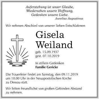 Traueranzeige von Gisela Weiland von Super Sonntag Dessau-Roßlau