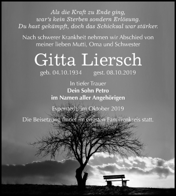 Traueranzeige von Gitta Liersch von Super Sonntag Merseburg/Querfurt