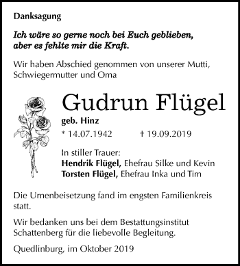 Traueranzeige von Gudrun Flügel von Super Sonntag Quedlinburg