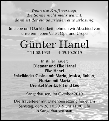 Traueranzeige von Günter Hanel von Super Sonntag Sangerhausen