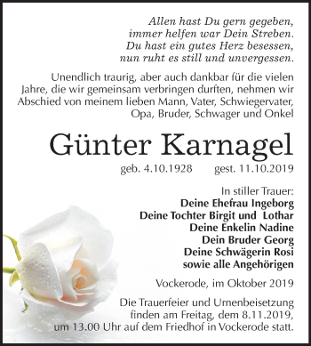 Traueranzeige von Günter Karnagel von Super Sonntag Wittenberg