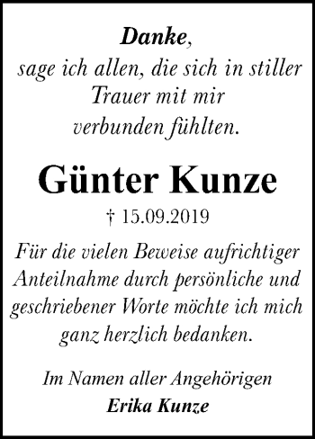 Traueranzeige von Günter Kunze von Mitteldeutsche Zeitung Dessau-Roßlau / Wittenberg
