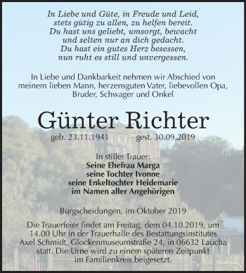 Traueranzeige von Günter Richter von Mitteldeutsche Zeitung Naumburg/Nebra