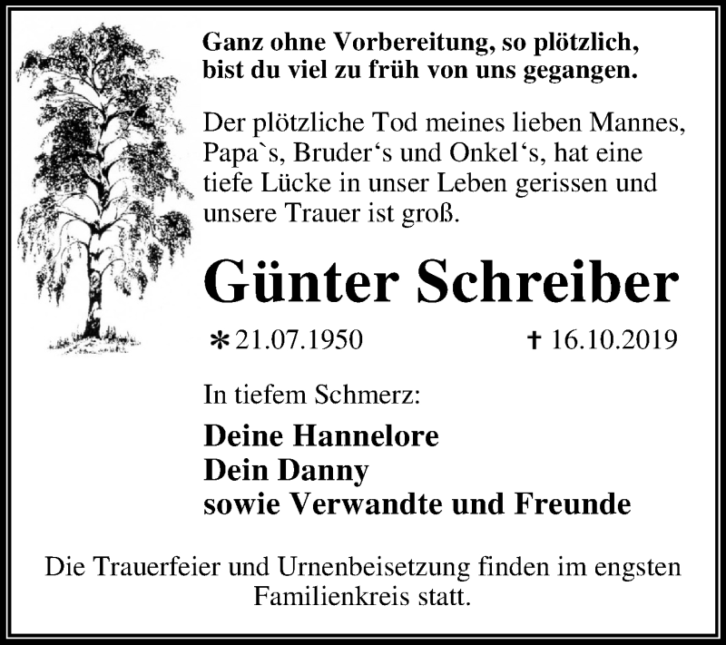  Traueranzeige für Günter Schreiber vom 26.10.2019 aus Mitteldeutsche Zeitung Dessau-Roßlau
