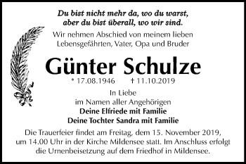 Traueranzeige von Günter Schulze von Super Sonntag Dessau-Roßlau
