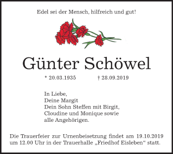 Traueranzeige von Günter Schöwel von Mitteldeutsche Zeitung Mansfelder Land