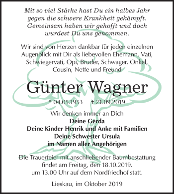 Traueranzeige von Günter Wagner von Mitteldeutsche Zeitung Halle/Saalkreis