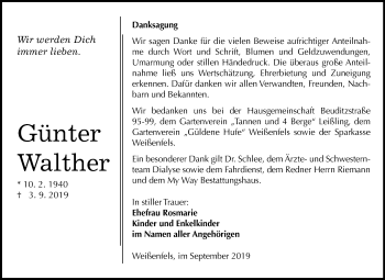 Traueranzeige von Günter Walther von Mitteldeutsche Zeitung Weißenfels