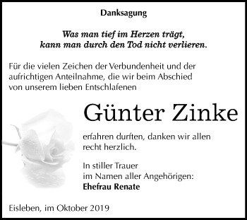 Traueranzeige von Günter Zinke von Mitteldeutsche Zeitung Mansfelder Land