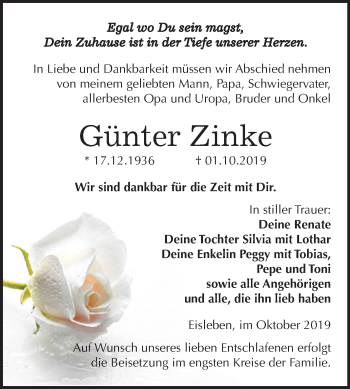 Traueranzeige von Günter Zinke von Super Sonntag Mansfelder Land