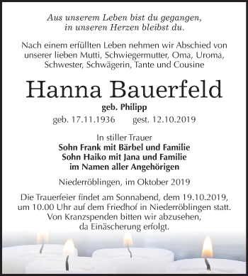 Traueranzeige von Hanna Bauerfeld von Mitteldeutsche Zeitung Sangerhausen