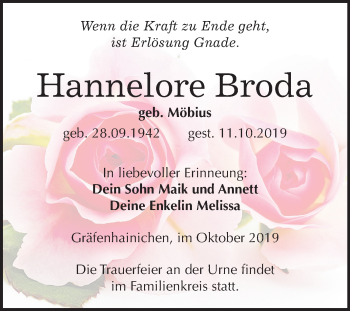 Traueranzeige von Hannelore Broda von Mitteldeutsche Zeitung Wittenberg
