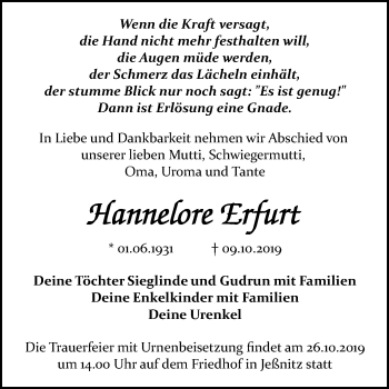 Traueranzeige von Hannelore Erfurt von Mitteldeutsche Zeitung Halle/Saalkreis