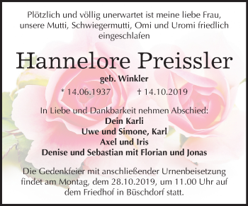 Traueranzeige von Hannelore Preissler von Mitteldeutsche Zeitung Halle/Saalkreis