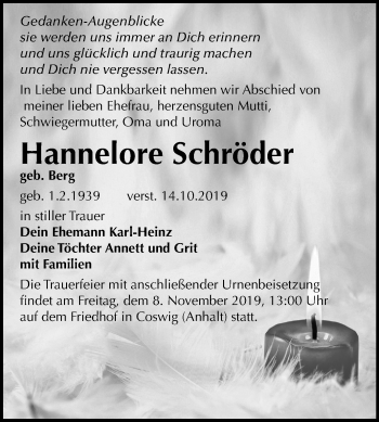 Traueranzeige von Hannelore Schröder von Mitteldeutsche Zeitung Wittenberg
