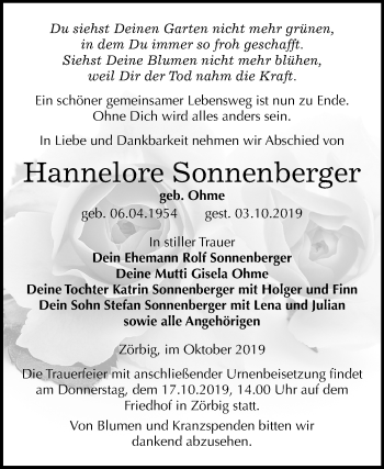 Traueranzeige von Hannelore Sonnenberger von Mitteldeutsche Zeitung Bitterfeld