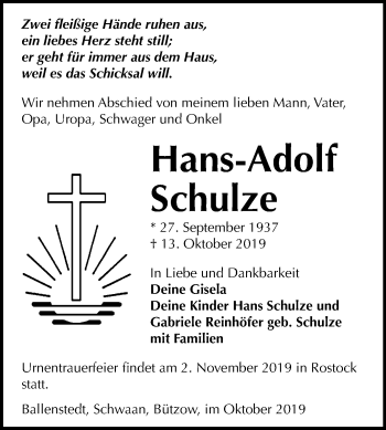Traueranzeige von Hans-Adolf Schulze von Mitteldeutsche Zeitung Quedlinburg