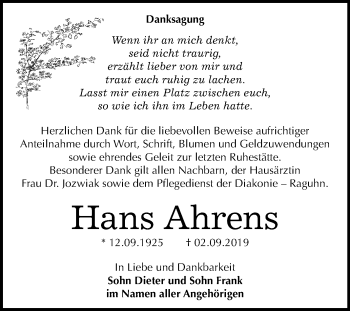 Traueranzeige von Hans Ahrens von Wochenspiegel Bitterfeld