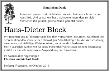 Traueranzeige von Hans-Dieter Block von Super Sonntag Sangerhausen