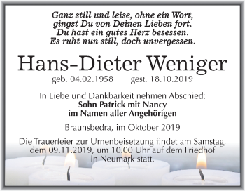 Traueranzeige von Hans-Dieter Weniger von Super Sonntag Merseburg/Querfurt