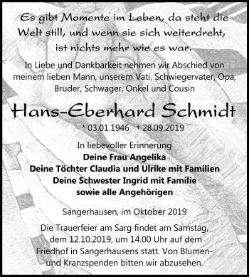Traueranzeige von Hans-Eberhard Schmidt von Mitteldeutsche Zeitung Sangerhausen