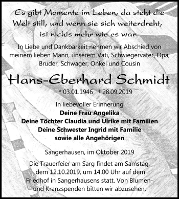 Traueranzeige von Hans-Eberhard Schmidt von Super Sonntag Sangerhausen