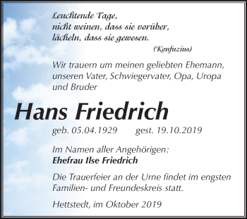Traueranzeige von Hans Friedrich von Mitteldeutsche Zeitung Mansfelder Land